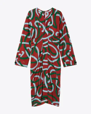 PRINTED DRAPED MIDI DRESS - BRICK CORD