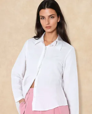 Rareism Women Appleby White Modal Linen Fabric Cuffed Sleeve Collared Neck Button Closure Plain Shirt