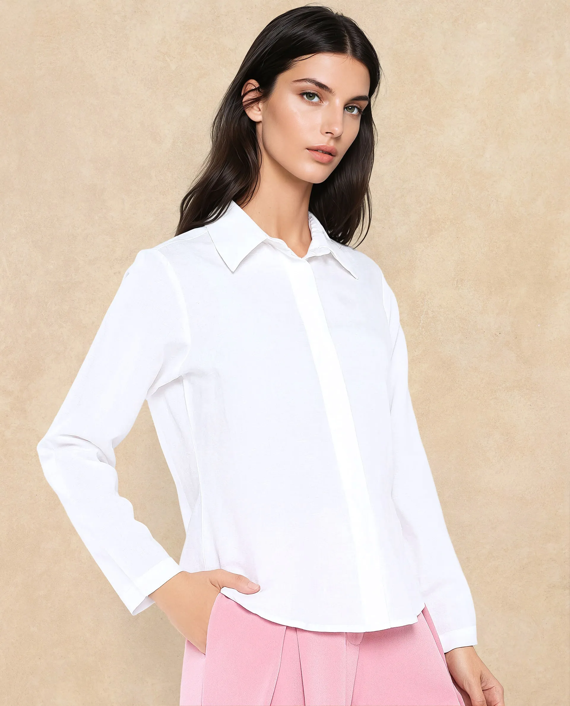 Rareism Women Appleby White Modal Linen Fabric Cuffed Sleeve Collared Neck Button Closure Plain Shirt
