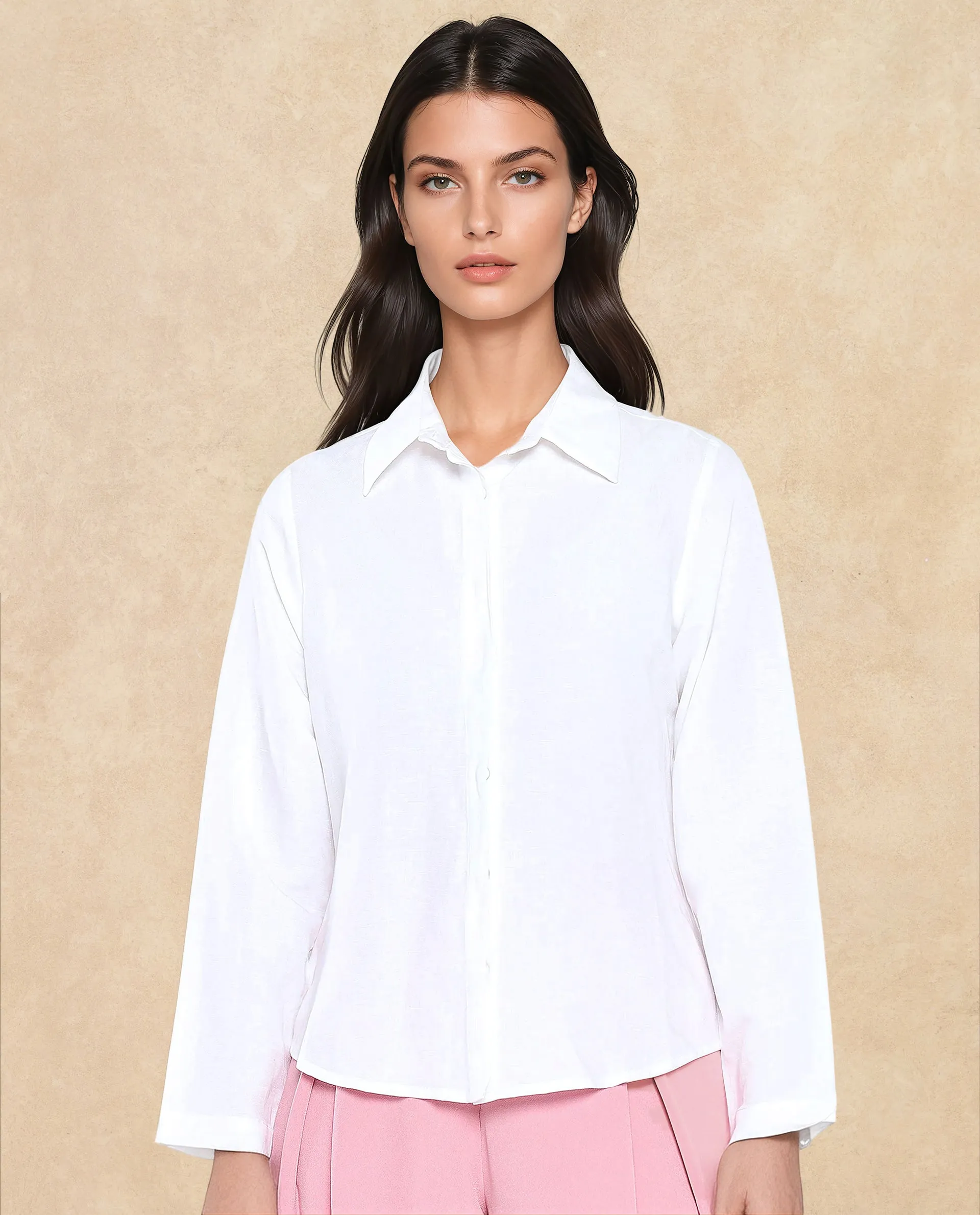 Rareism Women Appleby White Modal Linen Fabric Cuffed Sleeve Collared Neck Button Closure Plain Shirt