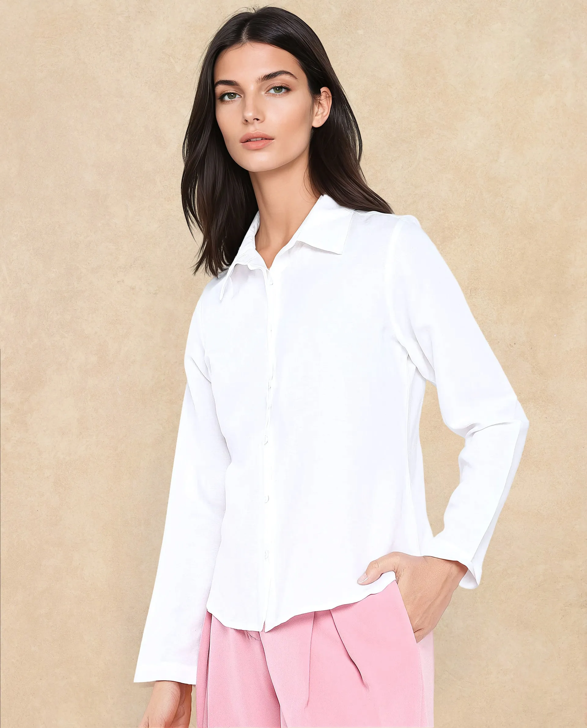 Rareism Women Appleby White Modal Linen Fabric Cuffed Sleeve Collared Neck Button Closure Plain Shirt