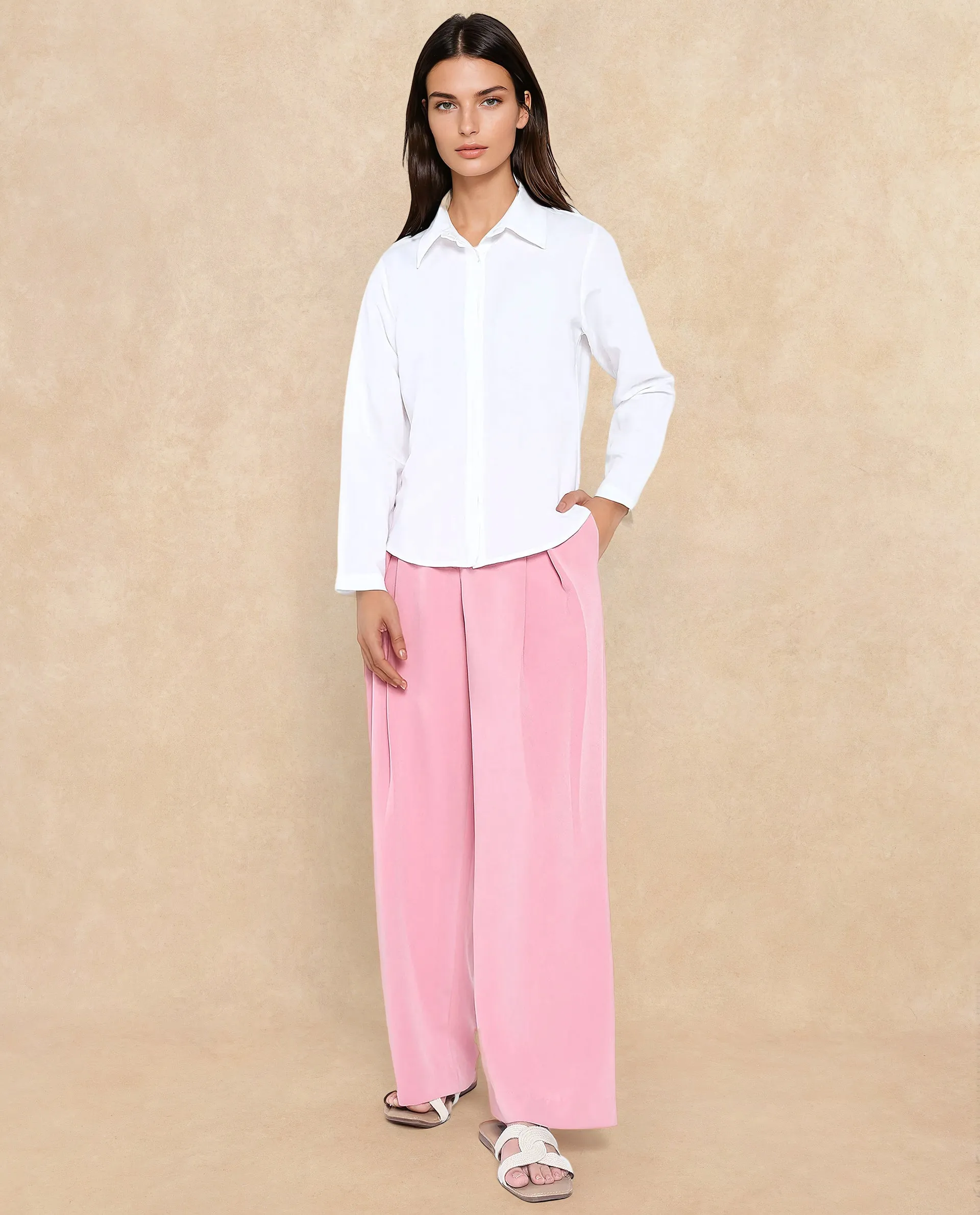 Rareism Women Appleby White Modal Linen Fabric Cuffed Sleeve Collared Neck Button Closure Plain Shirt