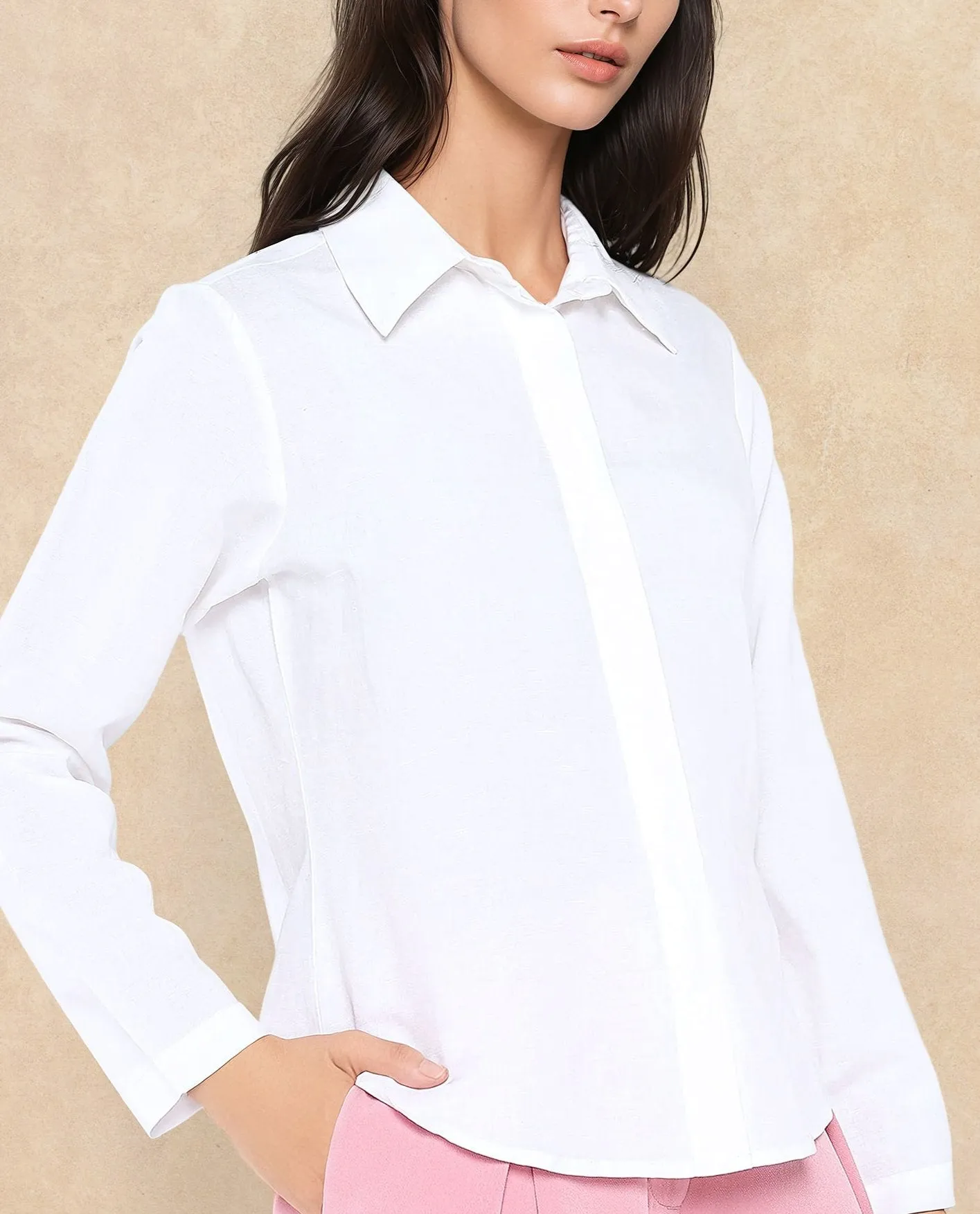 Rareism Women Appleby White Modal Linen Fabric Cuffed Sleeve Collared Neck Button Closure Plain Shirt