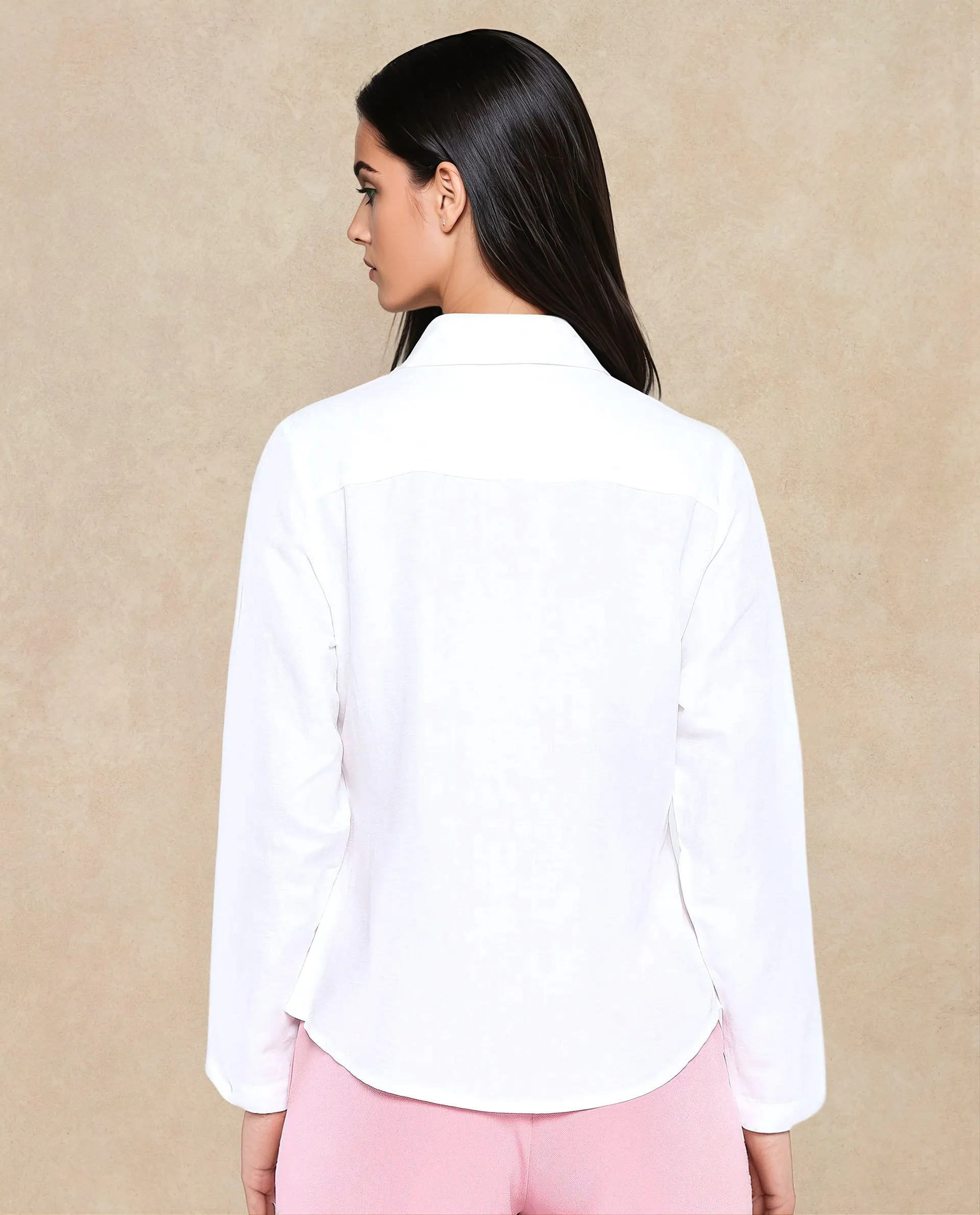 Rareism Women Appleby White Modal Linen Fabric Cuffed Sleeve Collared Neck Button Closure Plain Shirt