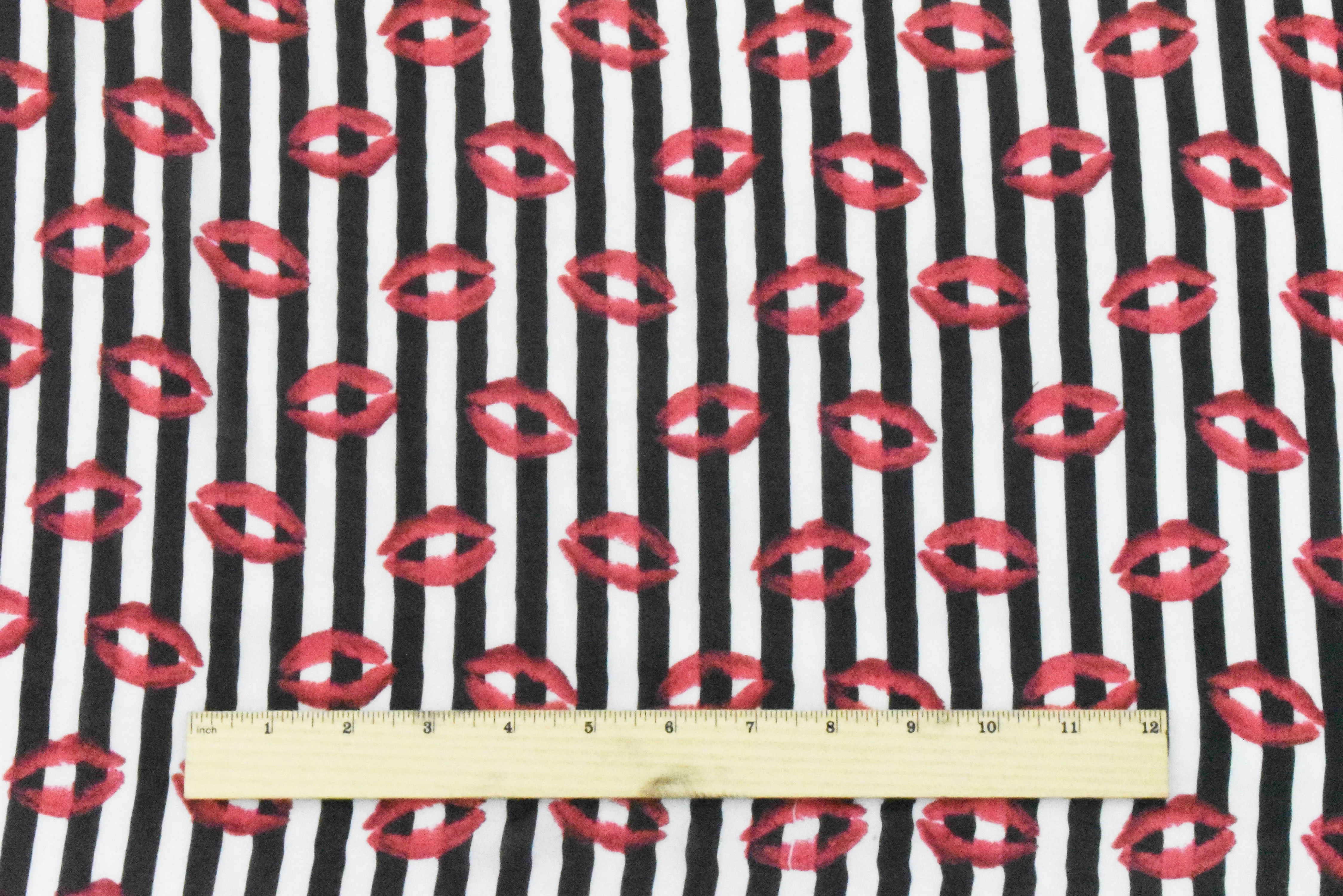Red-Black-Multi Stripe And Lip Printed Polyester Chiffon Woven Fabric