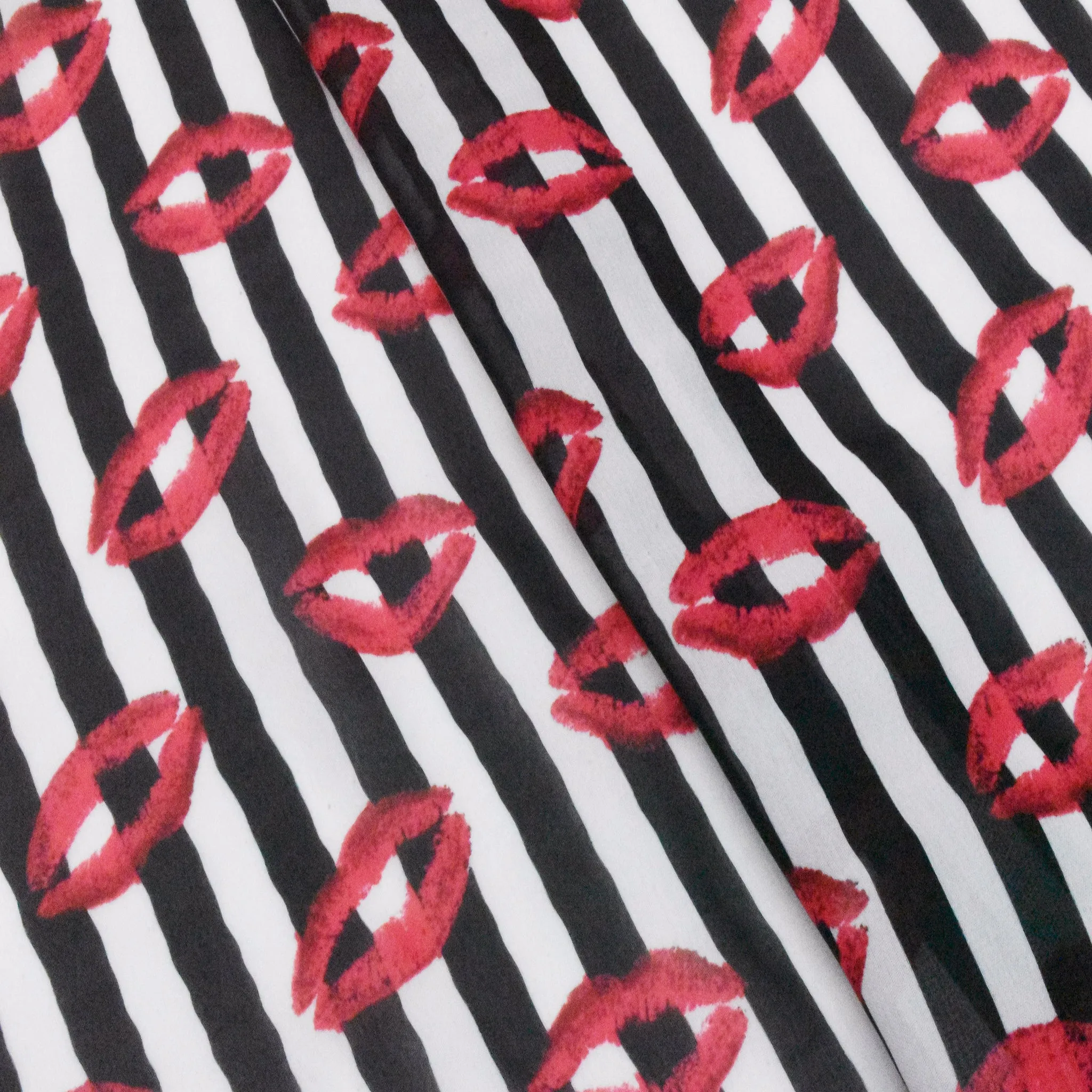 Red-Black-Multi Stripe And Lip Printed Polyester Chiffon Woven Fabric