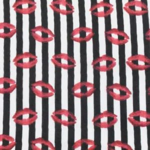 Red-Black-Multi Stripe And Lip Printed Polyester Chiffon Woven Fabric