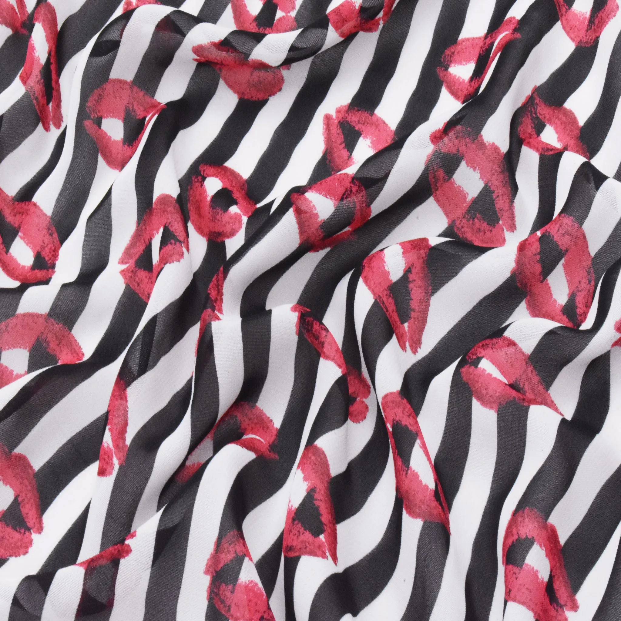 Red-Black-Multi Stripe And Lip Printed Polyester Chiffon Woven Fabric