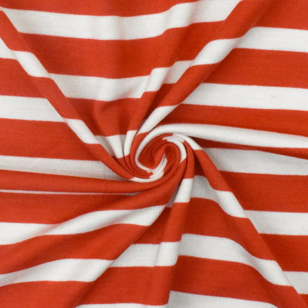 Red Orange-Ivory Stripe Stretch Spandex Rayon Modal Jersey Knit Fabric