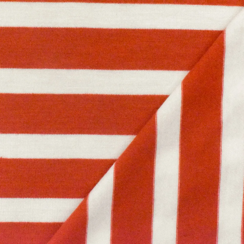 Red Orange-Ivory Stripe Stretch Spandex Rayon Modal Jersey Knit Fabric