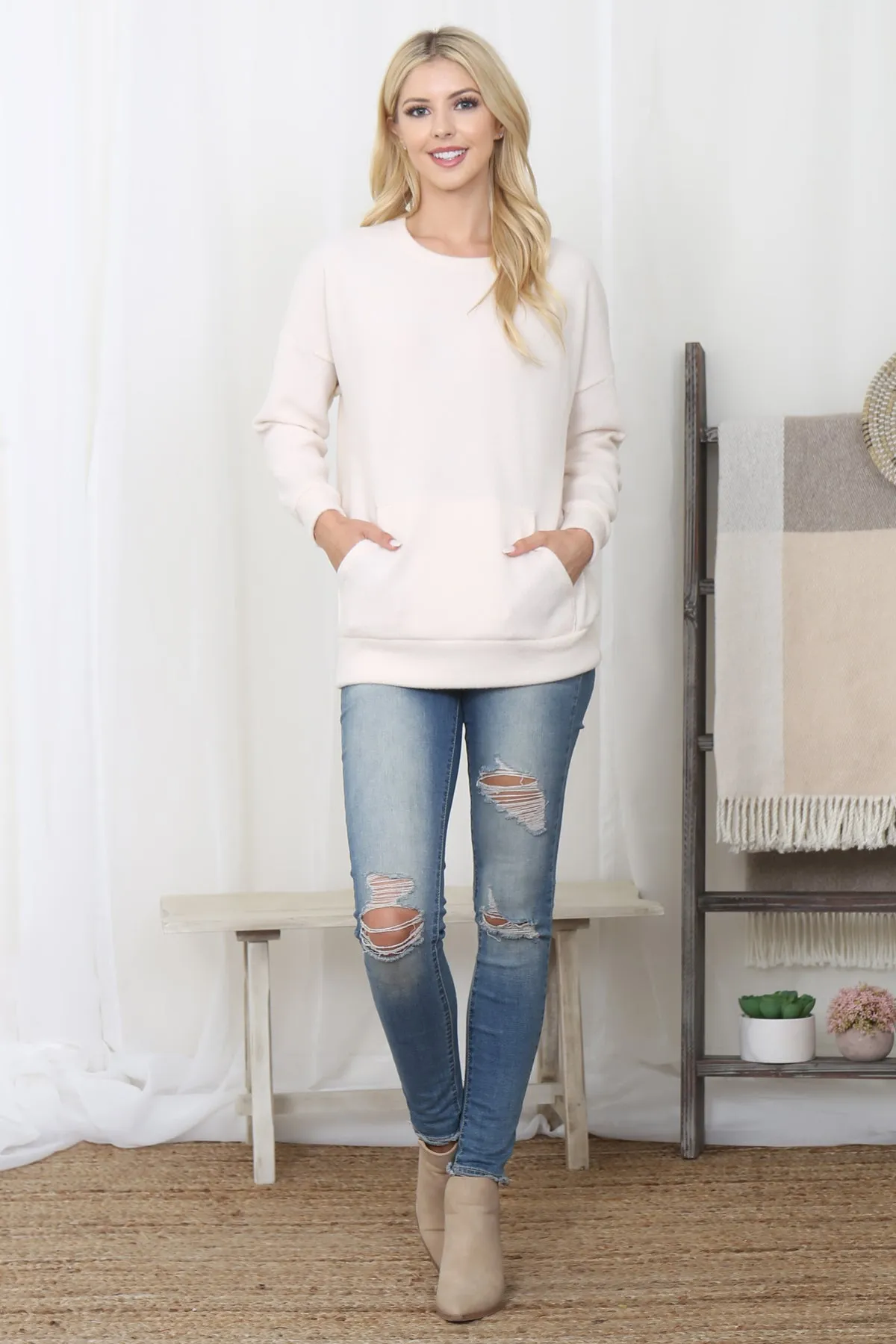 RIB BRUSHED PULLOVER TOP WITH KANGAROO POCKET 1-1-1-1