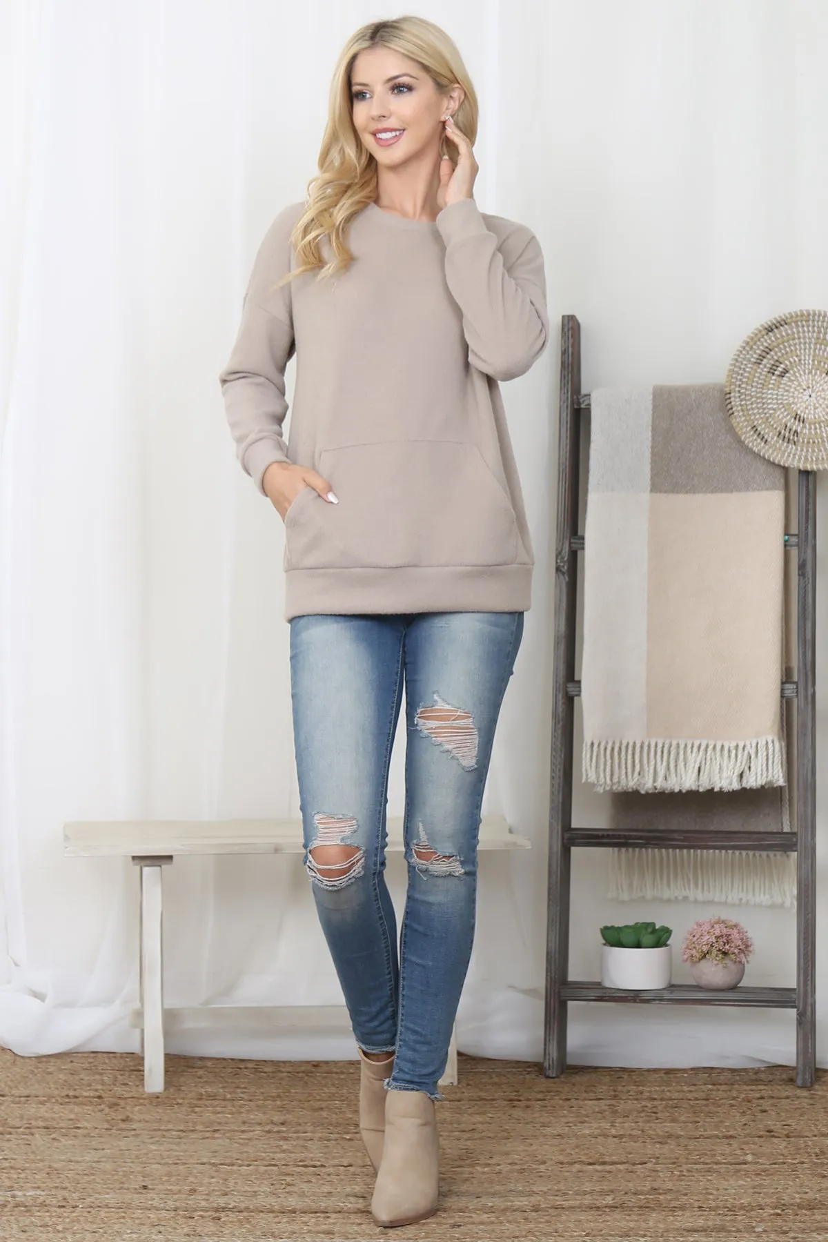RIB BRUSHED PULLOVER TOP WITH KANGAROO POCKET 1-1-1-1