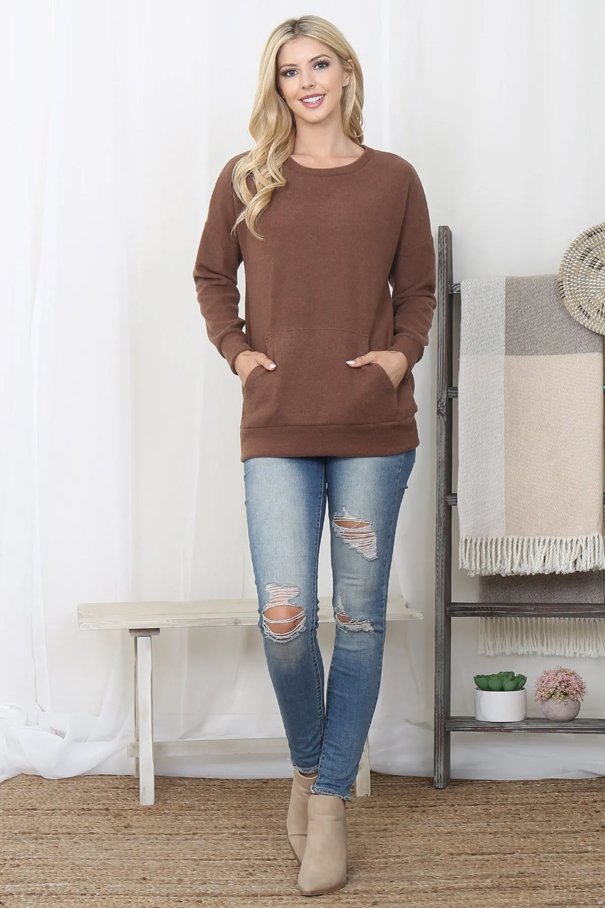 RIB BRUSHED PULLOVER TOP WITH KANGAROO POCKET 1-1-1-1