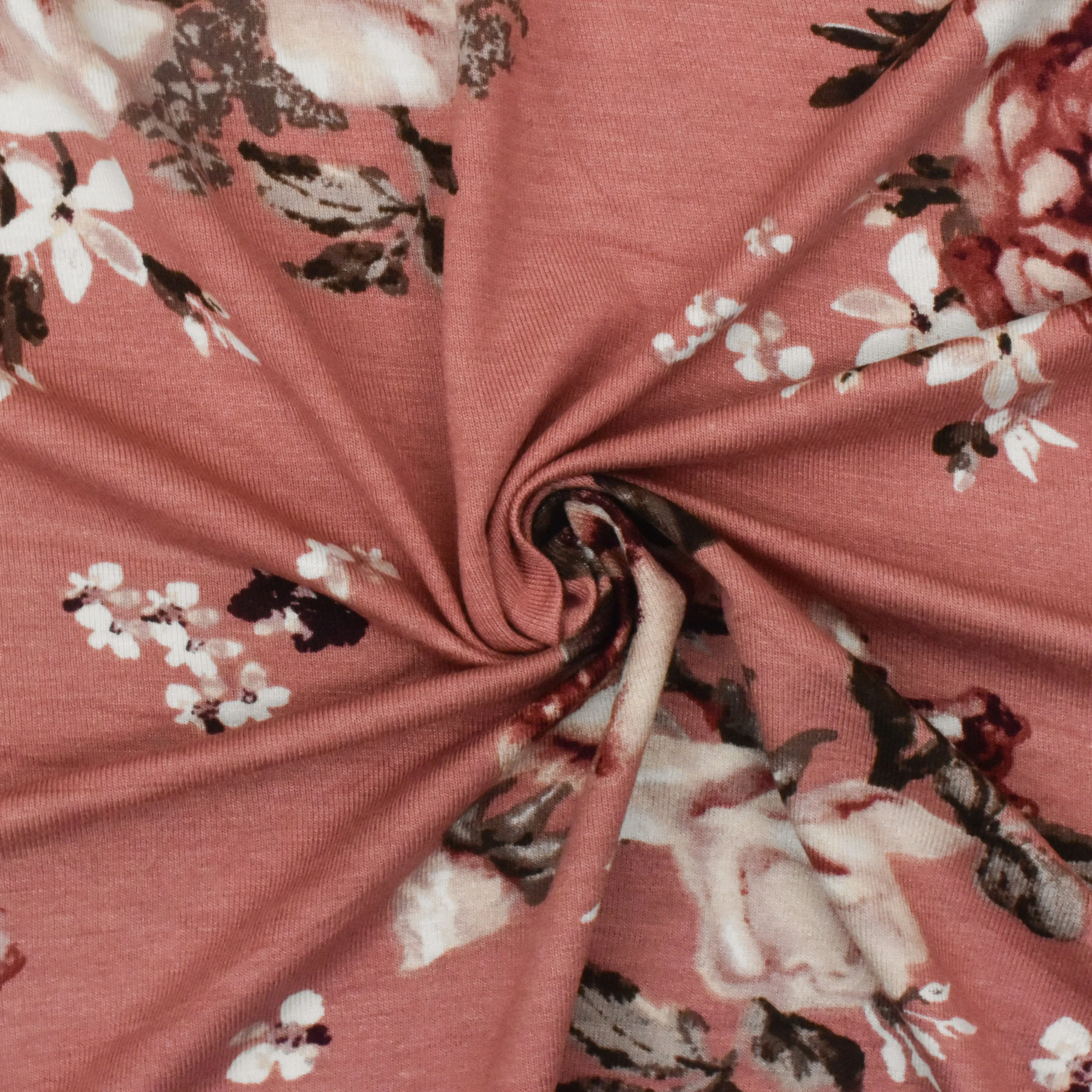 Rosy Pink-Brown-Multi Floral Printed Stretch Rayon Jersey Knit Fabric