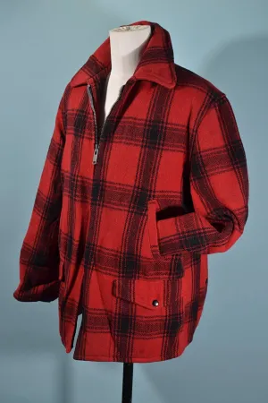 SOLD Vintage 50s Red Wool Plaid Mens Hunting Jacket, Foremost JC Penny XL