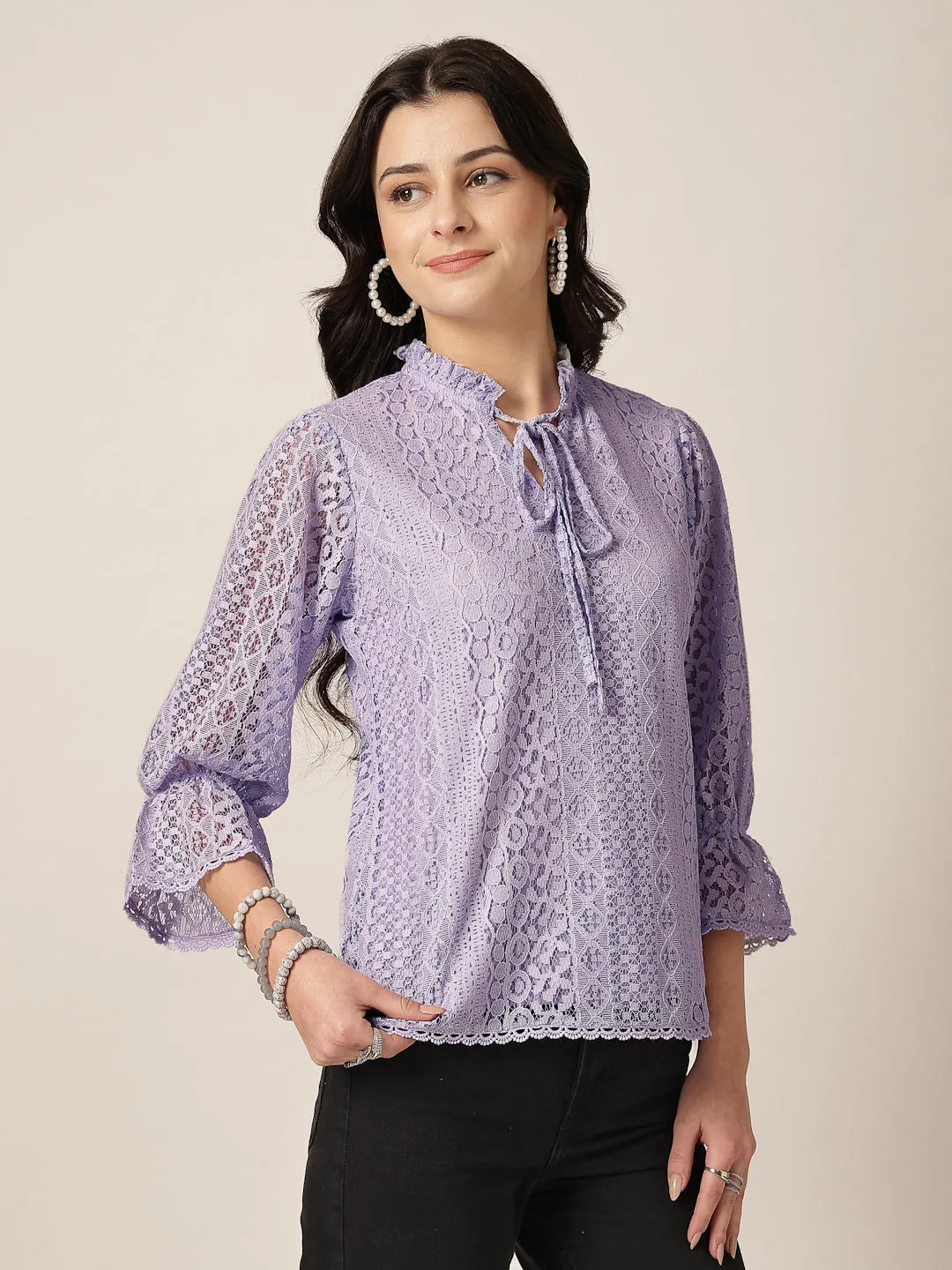 Style Quotient Women Lavender Lace Top