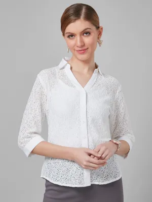 Style Quotient Women White Self Design Cotton Regular Smart Casual Shirt