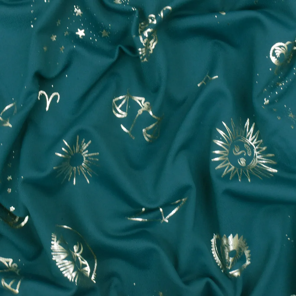 Teal-Silver Famous Maker Zodiac Print Stretch Tricot Swimwear Knit Fabric