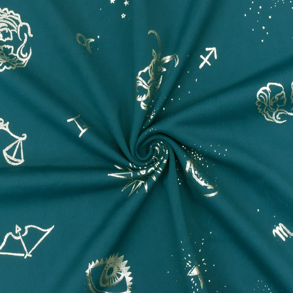 Teal-Silver Famous Maker Zodiac Print Stretch Tricot Swimwear Knit Fabric