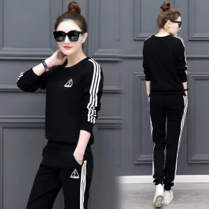 Two-Piece Korean Sporty Sets Women Casual Long Sleeved Slim-Look Sweatshirt
