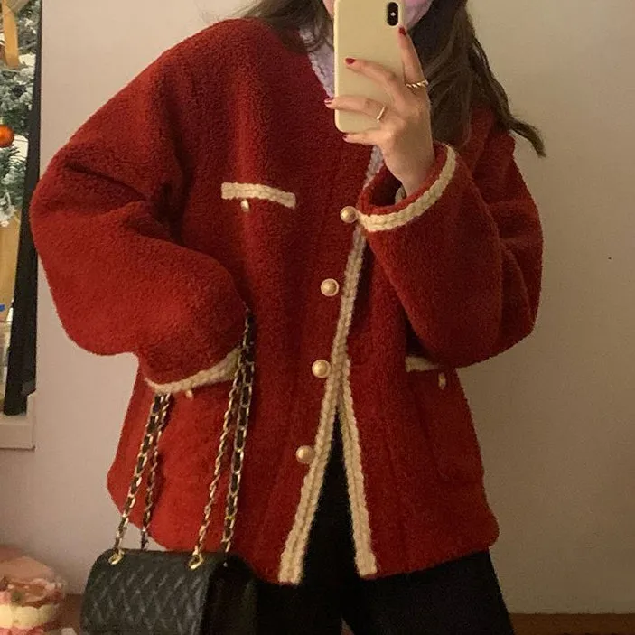 Winter Coat Woven Crew Neck Fur Long Sleeve Winter Top