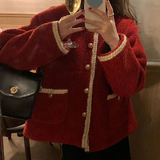 Winter Coat Woven Crew Neck Fur Long Sleeve Winter Top