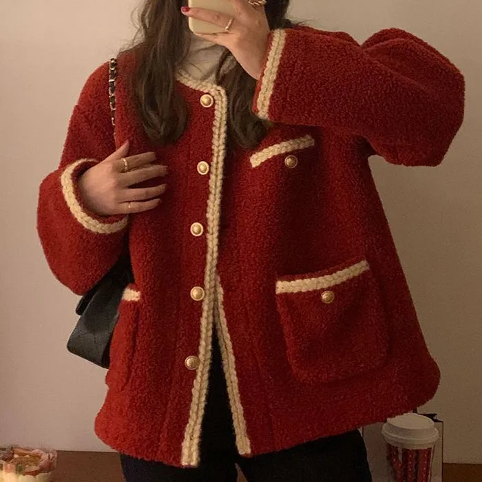 Winter Coat Woven Crew Neck Fur Long Sleeve Winter Top