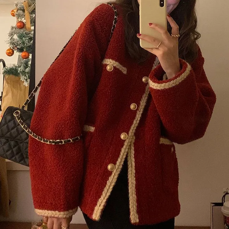Winter Coat Woven Crew Neck Fur Long Sleeve Winter Top