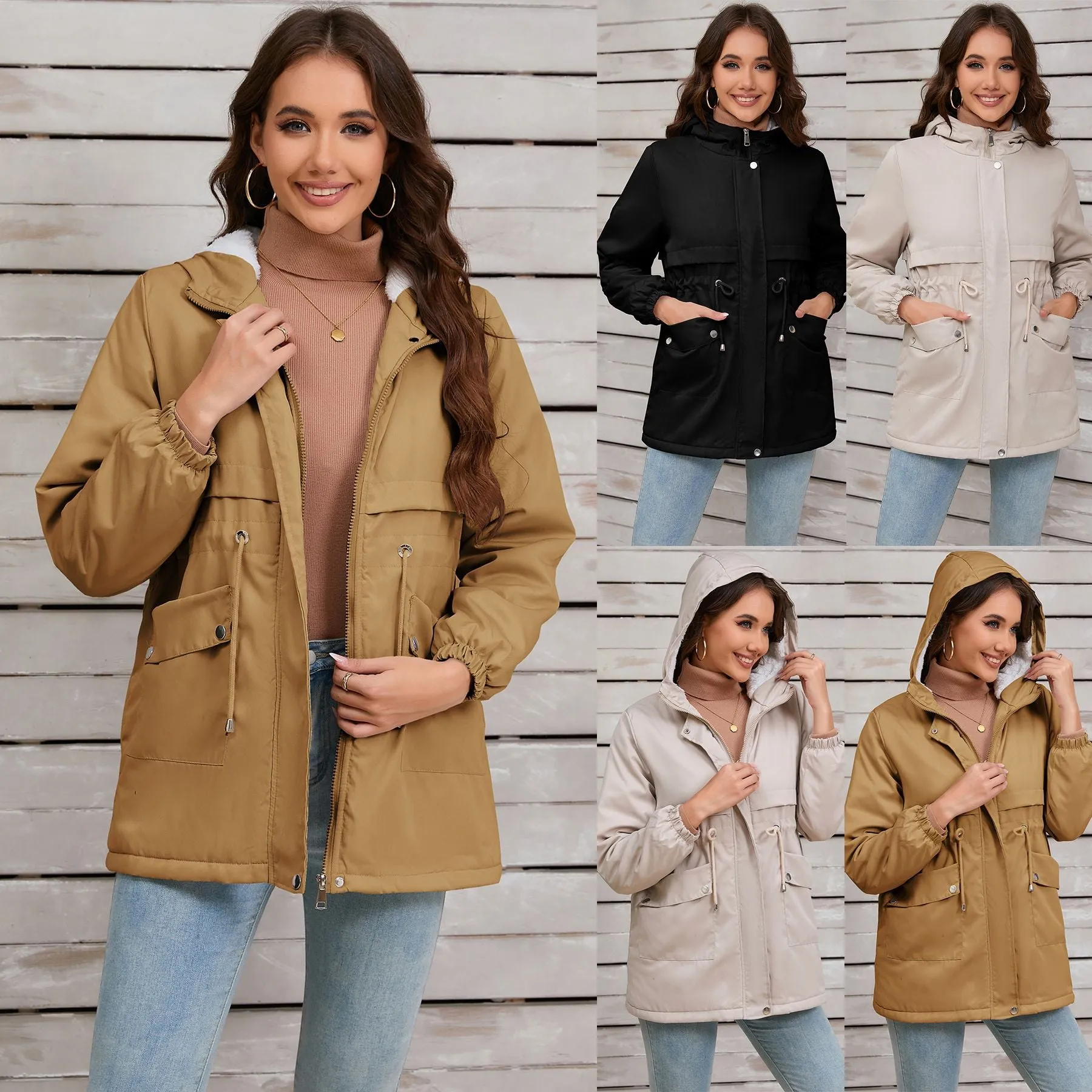 Winter Hooded Zipper Pocket Jackets & Coats Wholesale Womens Clothing N3824091200179