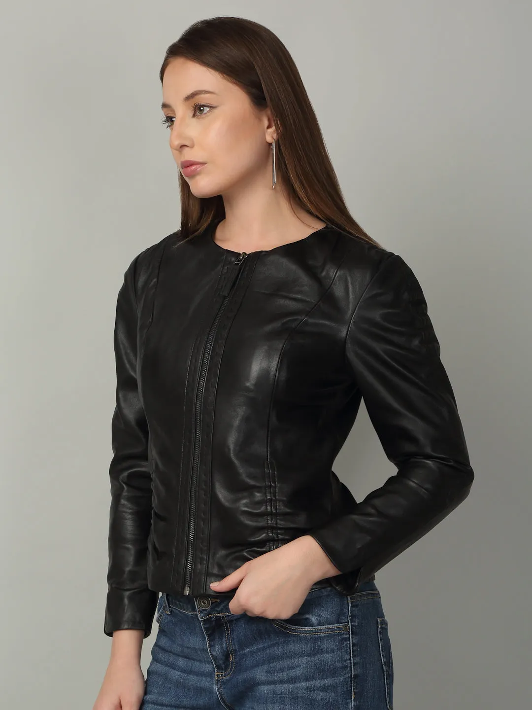 Women Black solid Leather Jacket