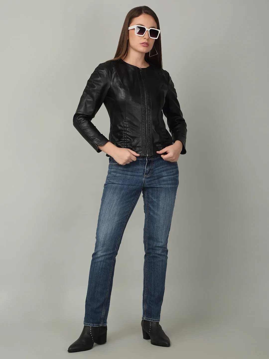 Women Black solid Leather Jacket