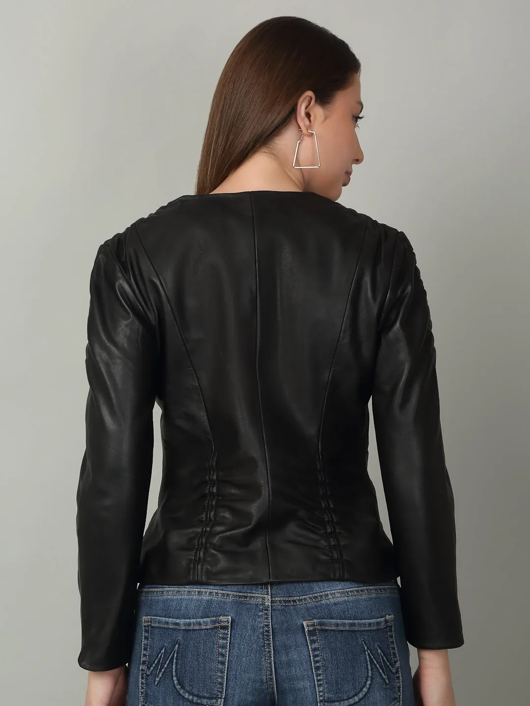 Women Black solid Leather Jacket