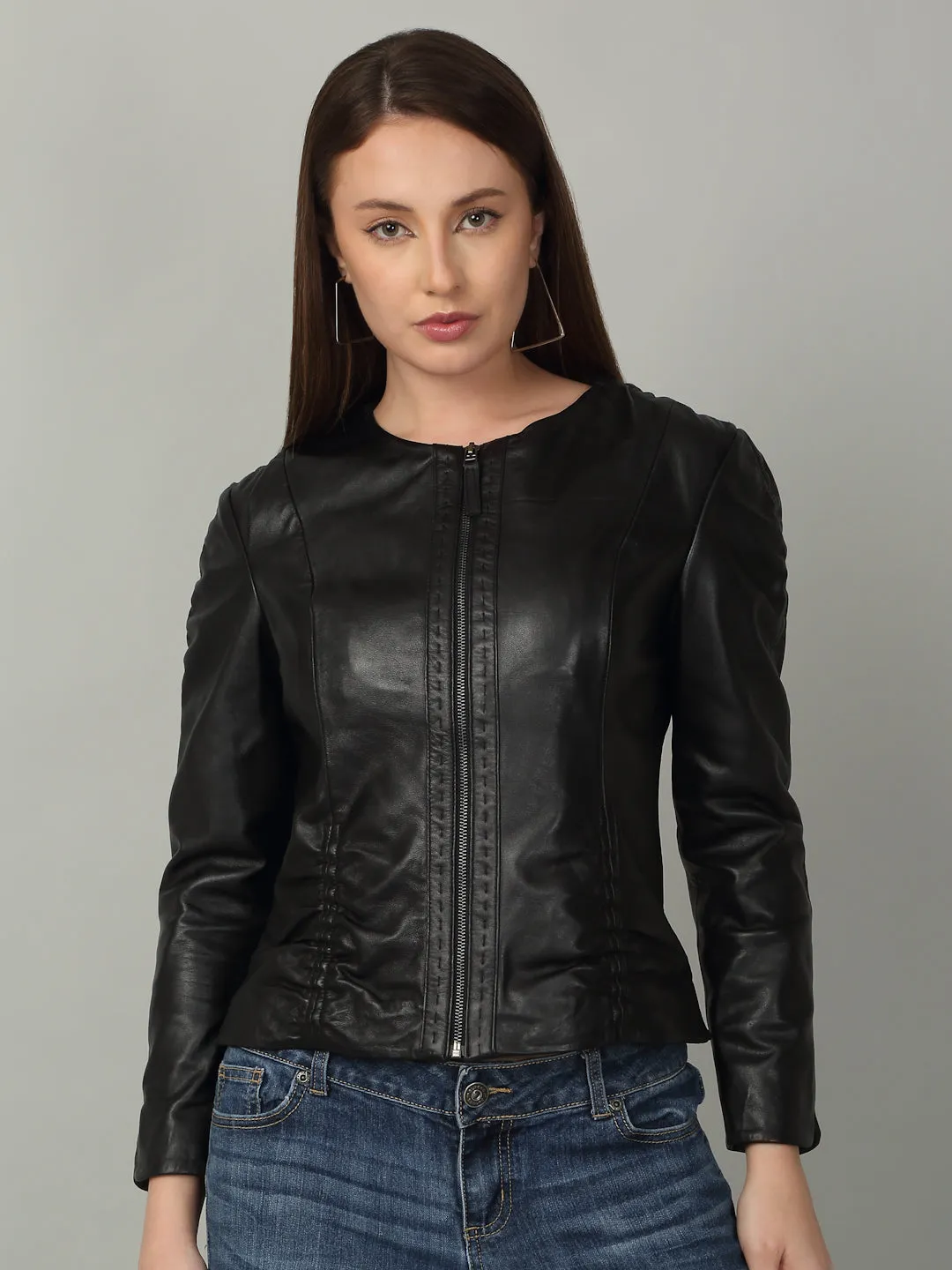 Women Black solid Leather Jacket