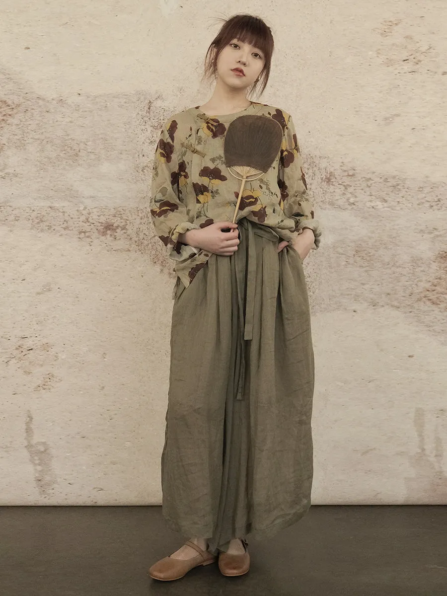 Women Casual Dual-Layer Solid Drwastring Pocket Ramie Pants II1018