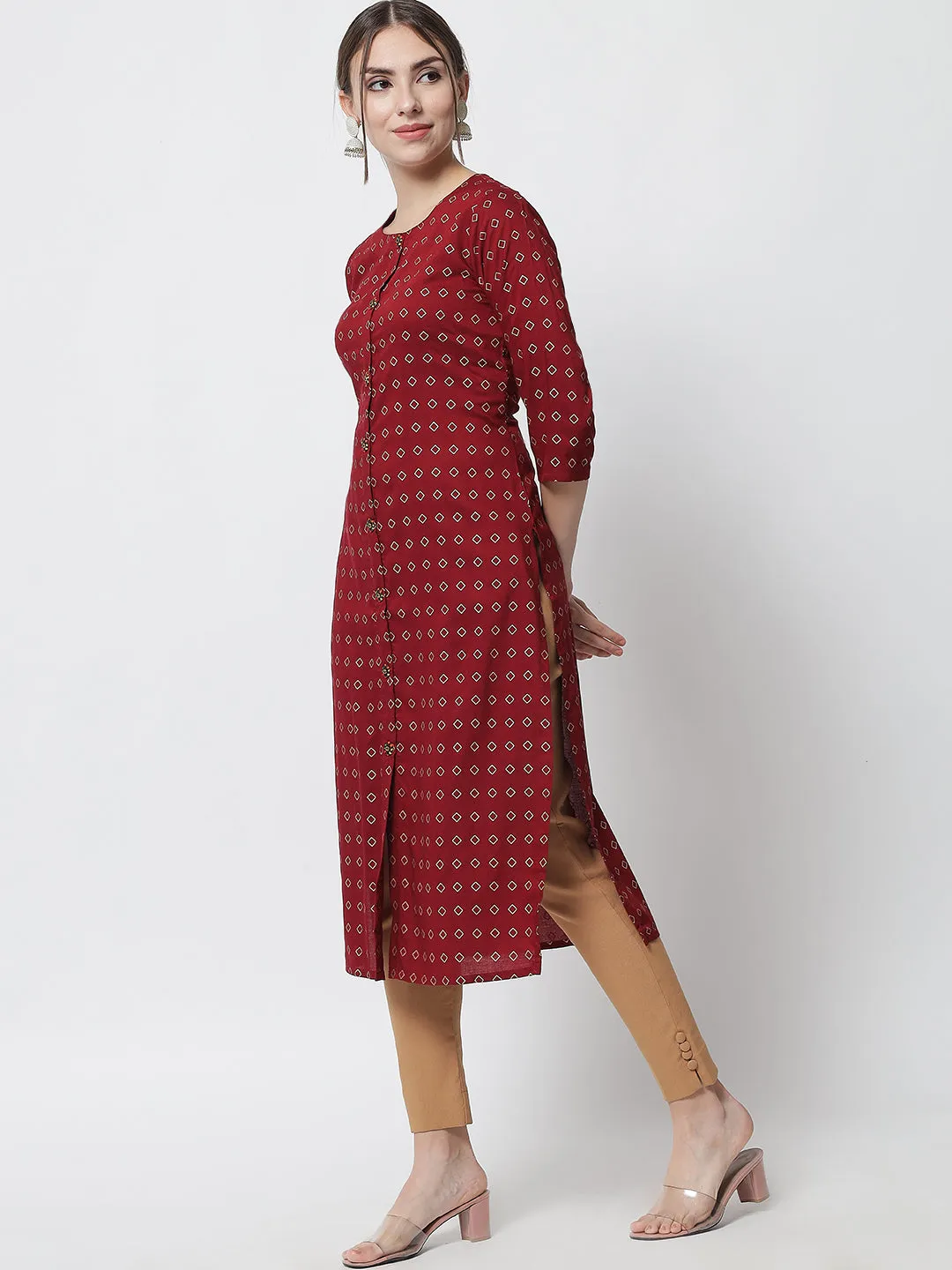 Women Geometric Print Viscose Rayon Straight Kurta  (Maroon)