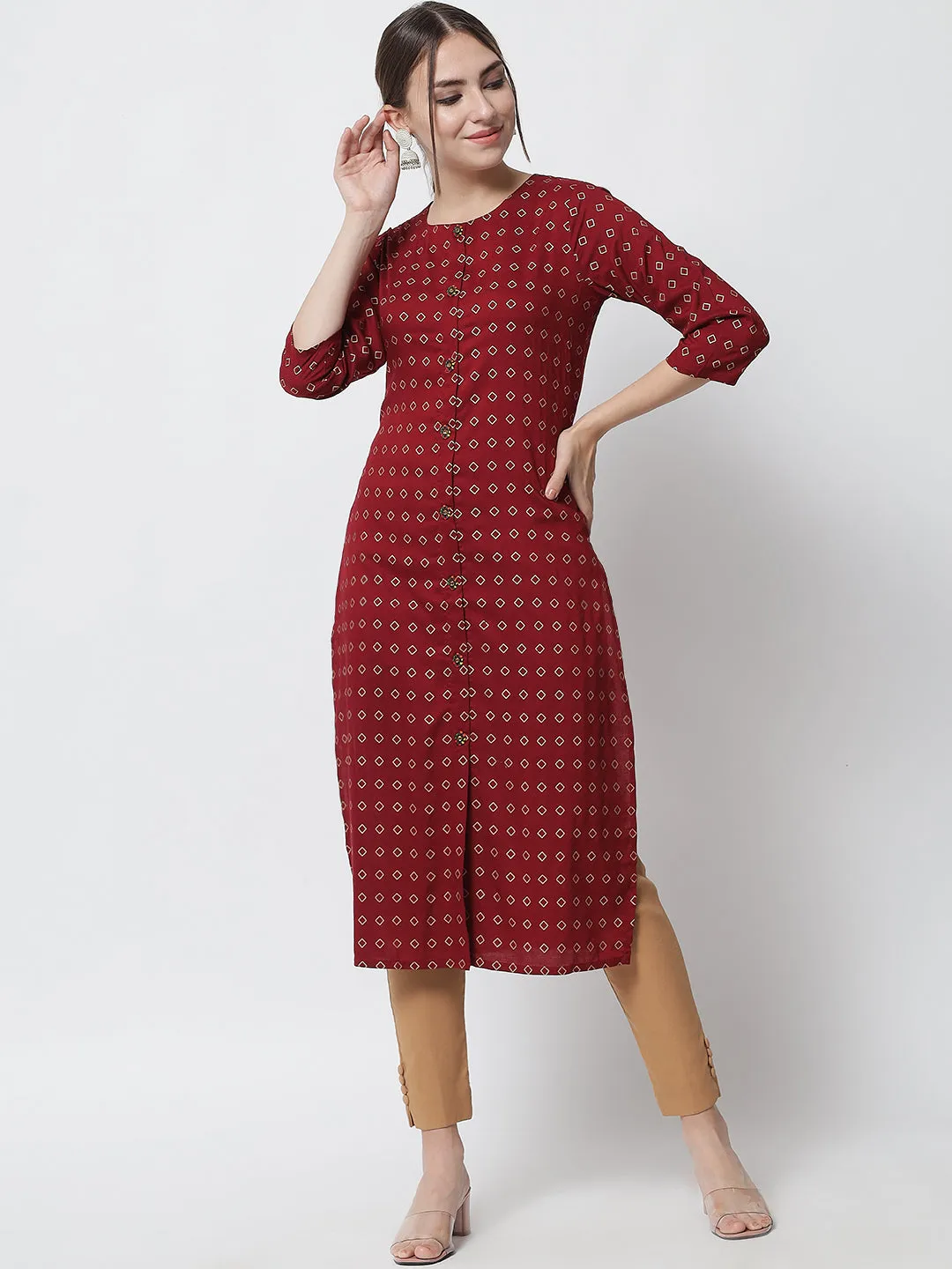 Women Geometric Print Viscose Rayon Straight Kurta  (Maroon)