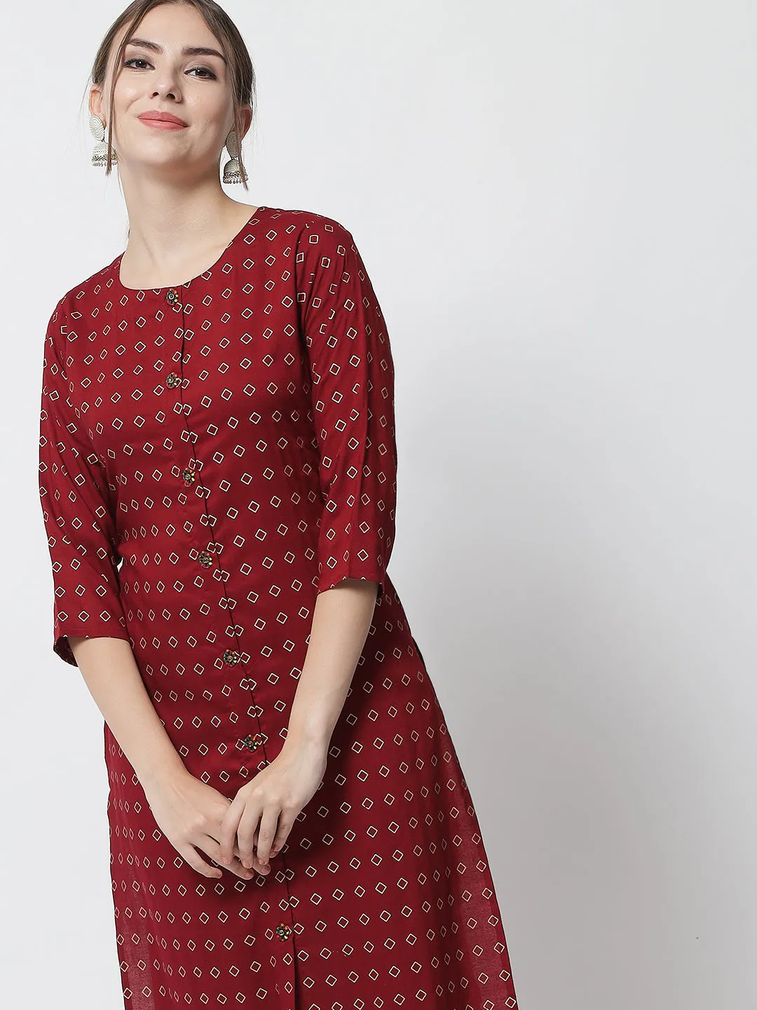 Women Geometric Print Viscose Rayon Straight Kurta  (Maroon)
