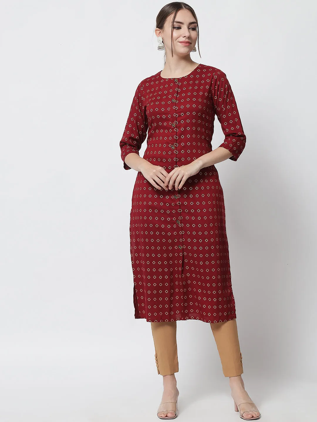 Women Geometric Print Viscose Rayon Straight Kurta  (Maroon)