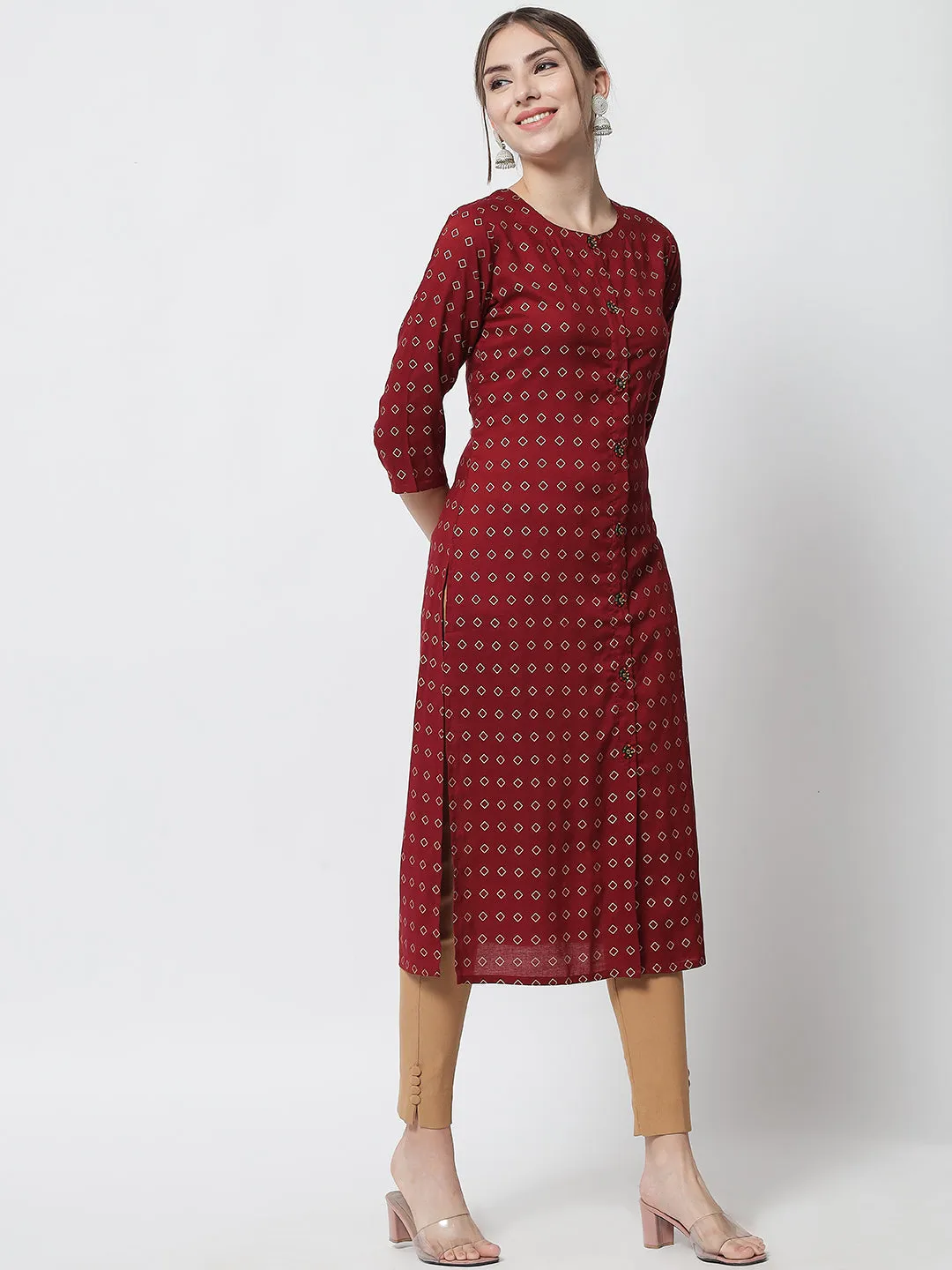 Women Geometric Print Viscose Rayon Straight Kurta  (Maroon)