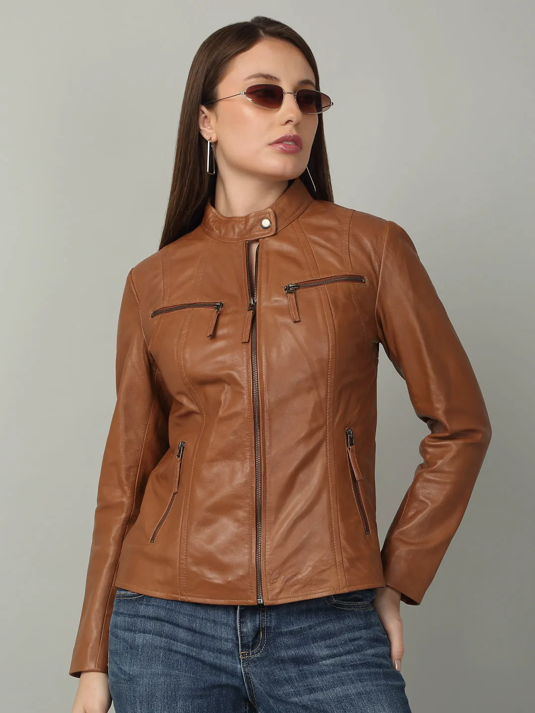 Women Sleek Cognac Leather Jacket