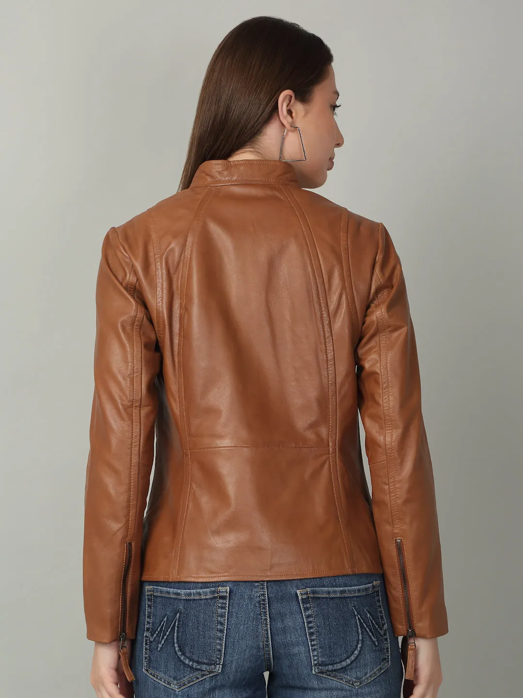 Women Sleek Cognac Leather Jacket