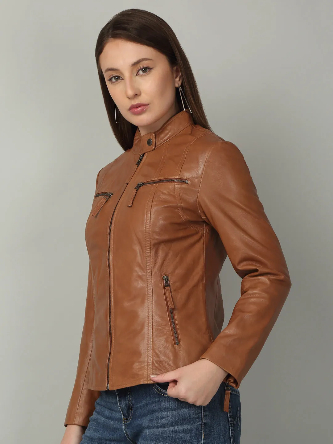 Women Sleek Cognac Leather Jacket