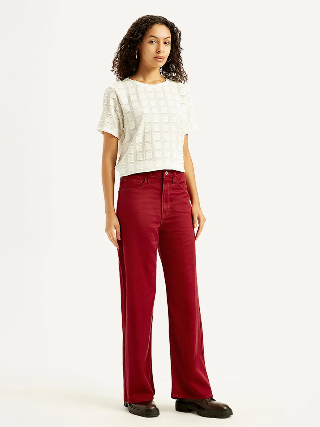 Women's High Rise Ribcage Wide Leg Red Jeans
