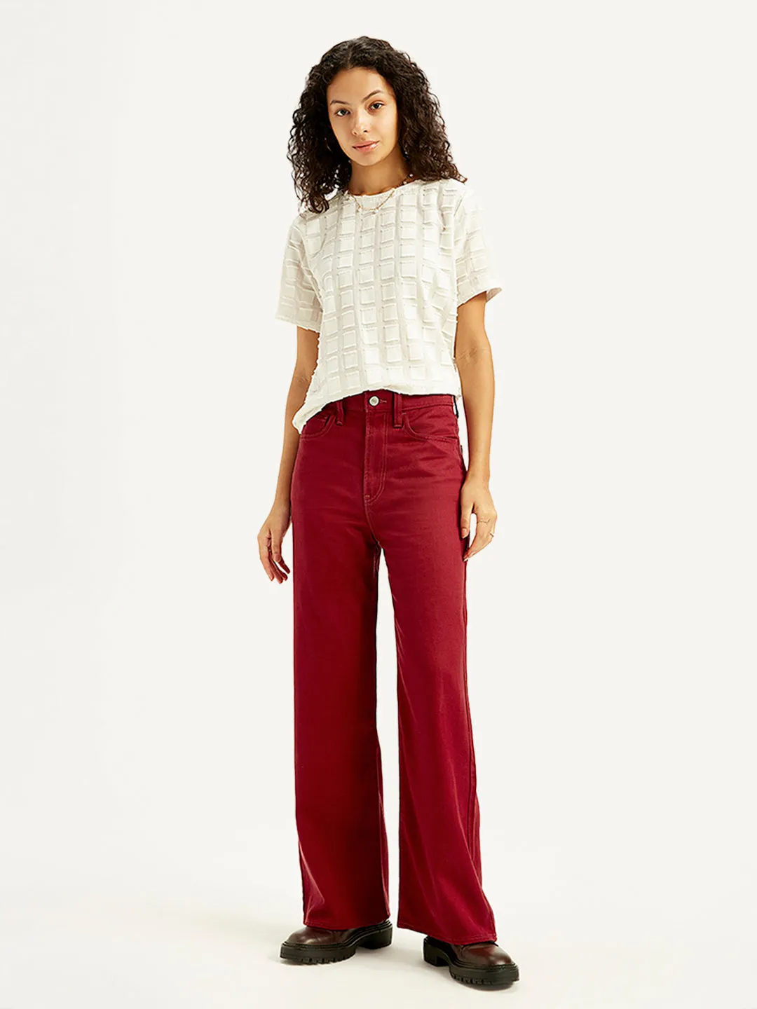 Women's High Rise Ribcage Wide Leg Red Jeans